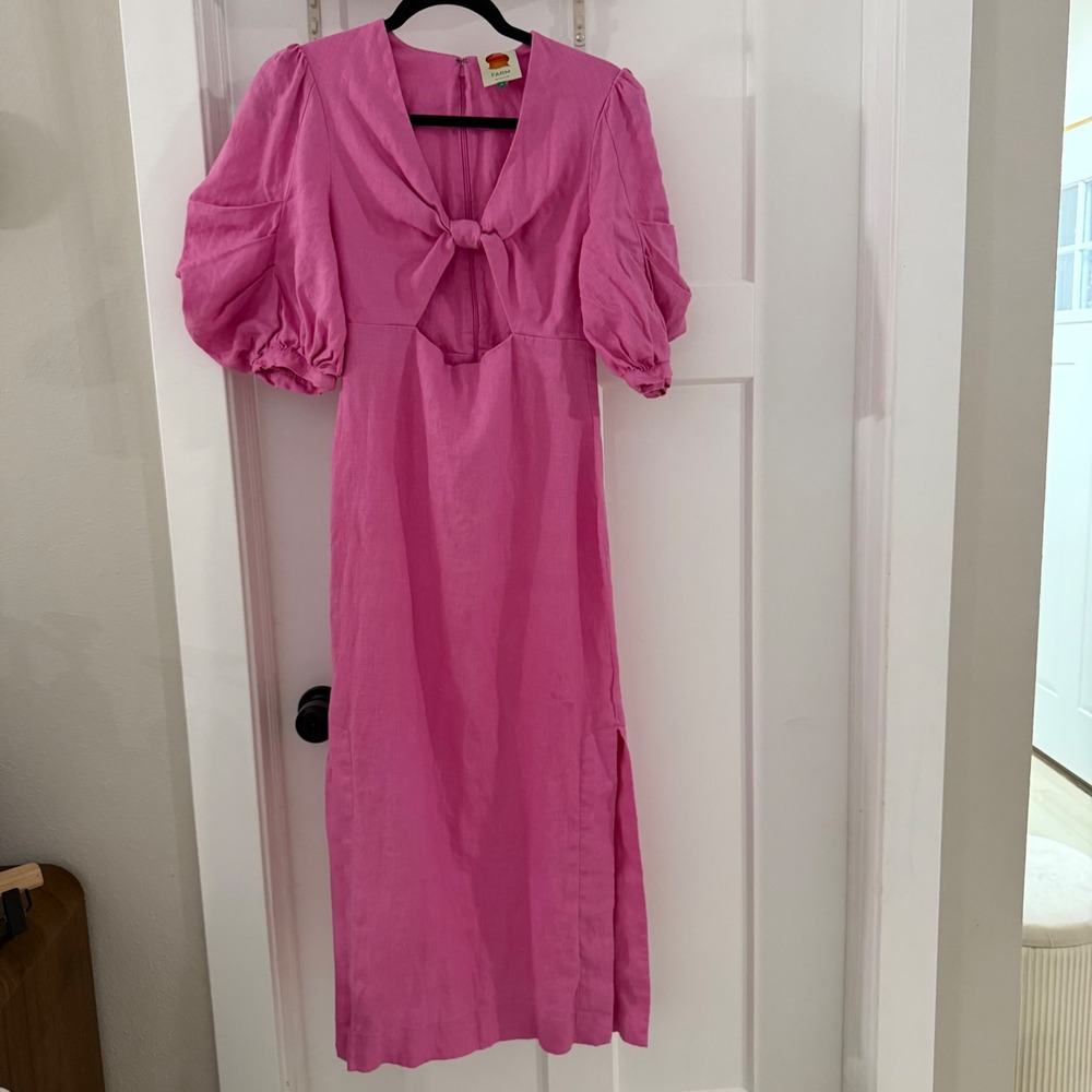 Farm Rio Pink Linen Cutout Balloon Sleeve Midi Dress S Boho Barbie Coquette